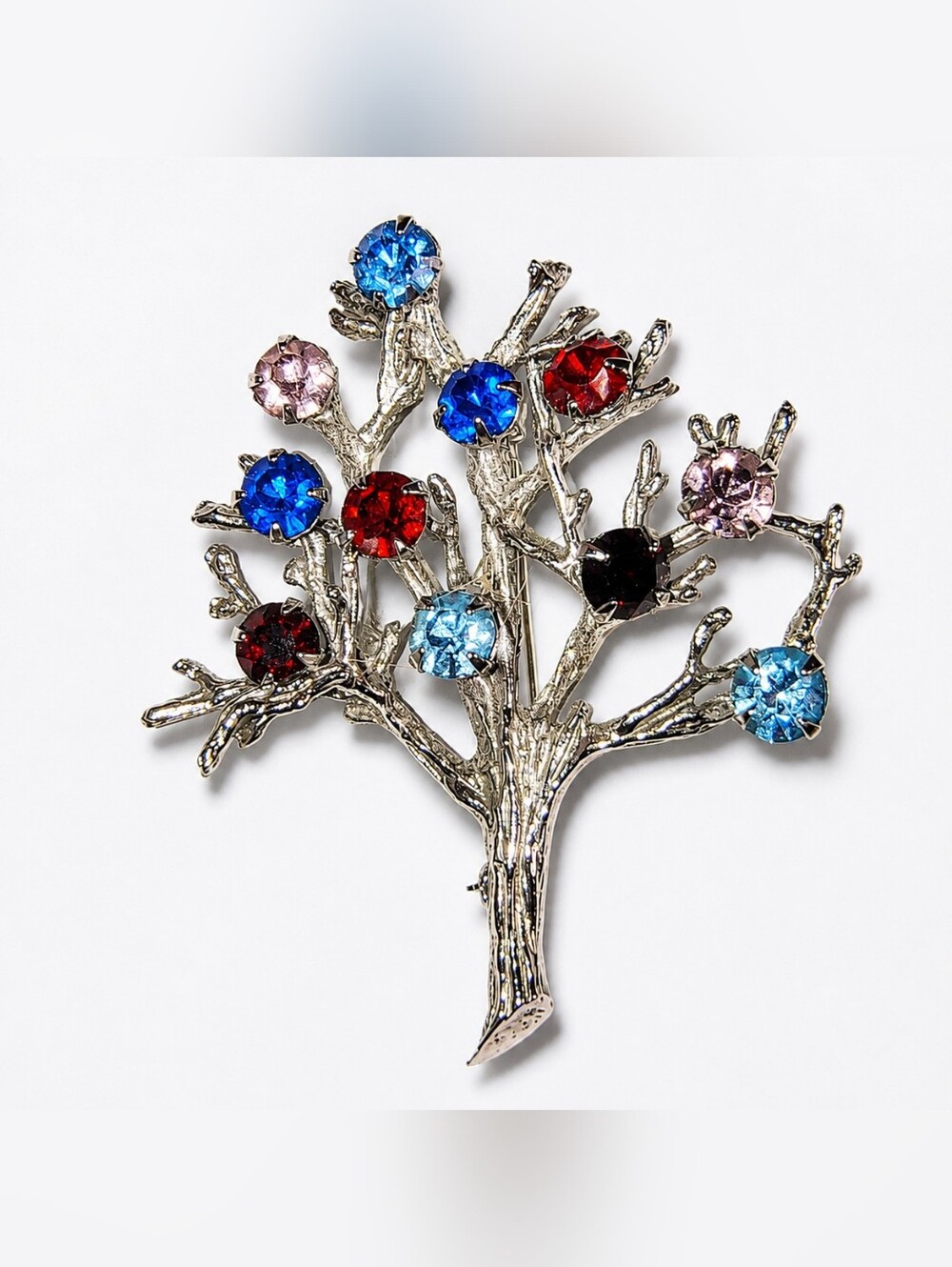 Vintage Curtis DEC Sterling‎ Silver 925 Tree of Life Brooch  Multicolor Crystal